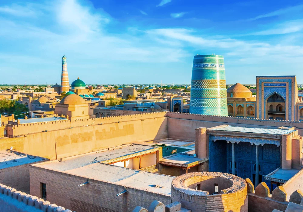 Aerial view of Ichan-Kala inner city with crenellated mud walls and turquoise minarets