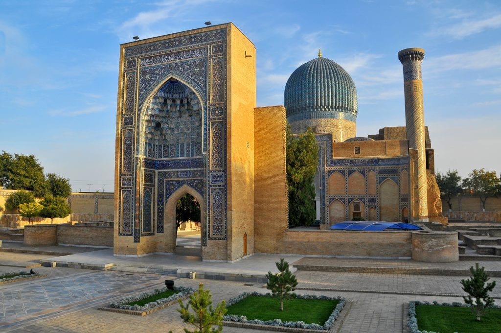 Fluted azure dome of Gur-e-Amir mausoleum at sunrise
